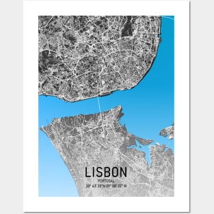 Lisbon City Map Blue, White and Black Posters and Art